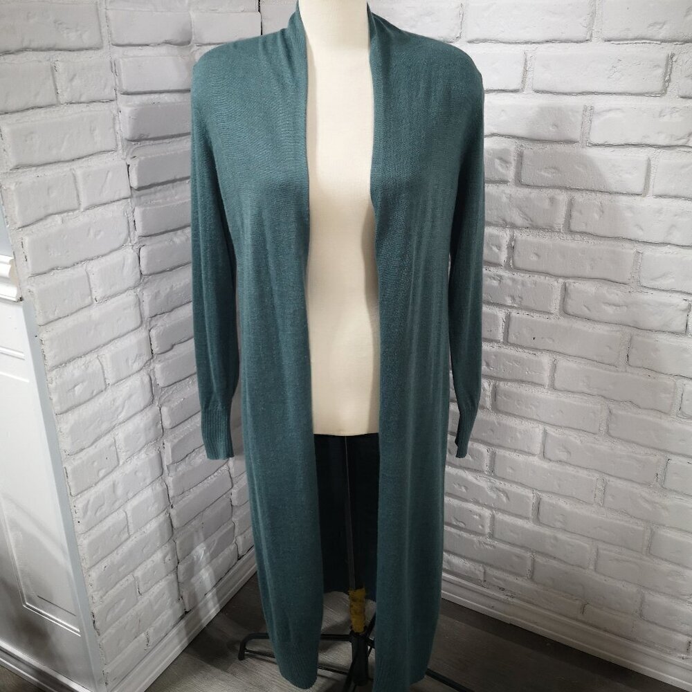 Tahari Ladies Size Medium Green Merino Wool Blend Long Duster Open Cardigan